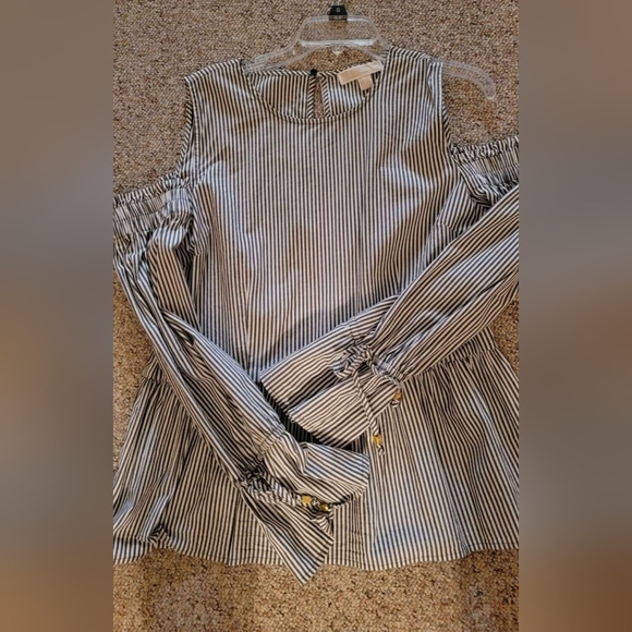 MICHAEL KORS Striped Gray and White Cold Shoulder Top Size L - Picture 1 of 2